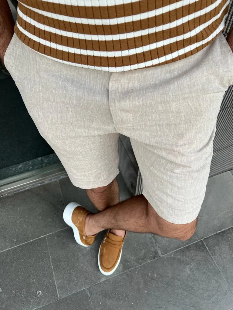 Beige Slim Fit Linen Shorts for Men by GentWith.com