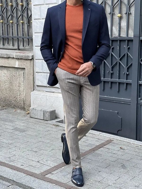 Beige Slim Fit Plaid Pants for Men by GentWith | Worldwide Shipping