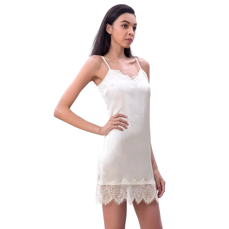D100 Women solid satin lace trimmed strappy mini slip dress