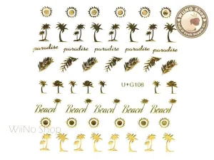 Gold Palm Tree Sun Feather Adhesive Nail Art Sticker - 1 pc (U G108)