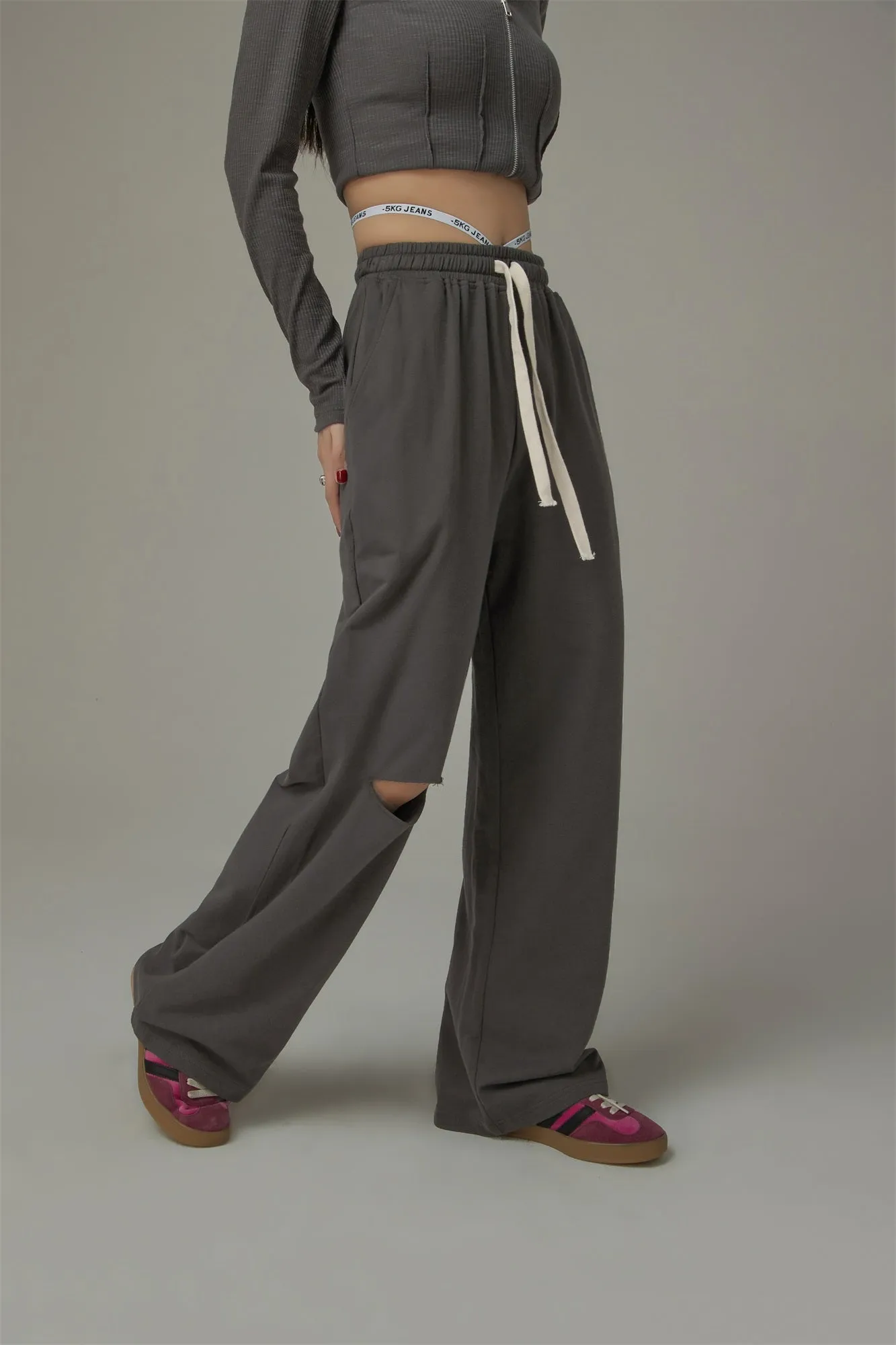 High Banding Straps Distressed Sweatpants