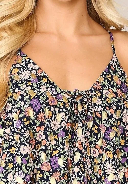 Layer Cami Flower Racer Top - Navy