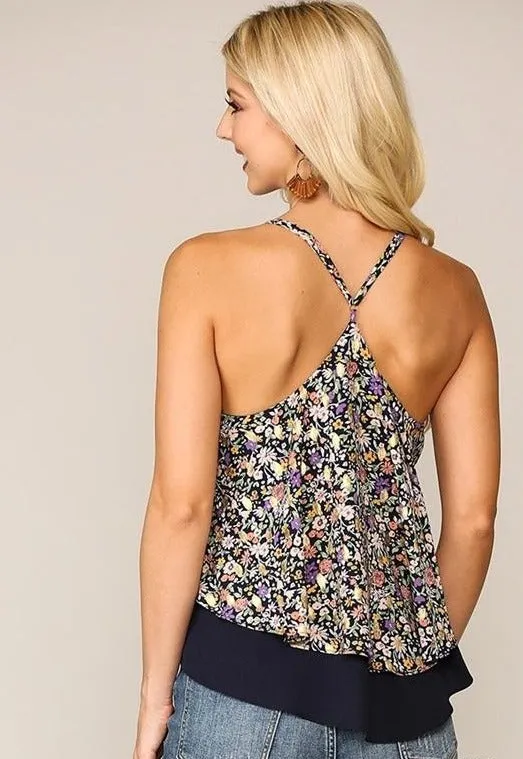 Layer Cami Flower Racer Top - Navy