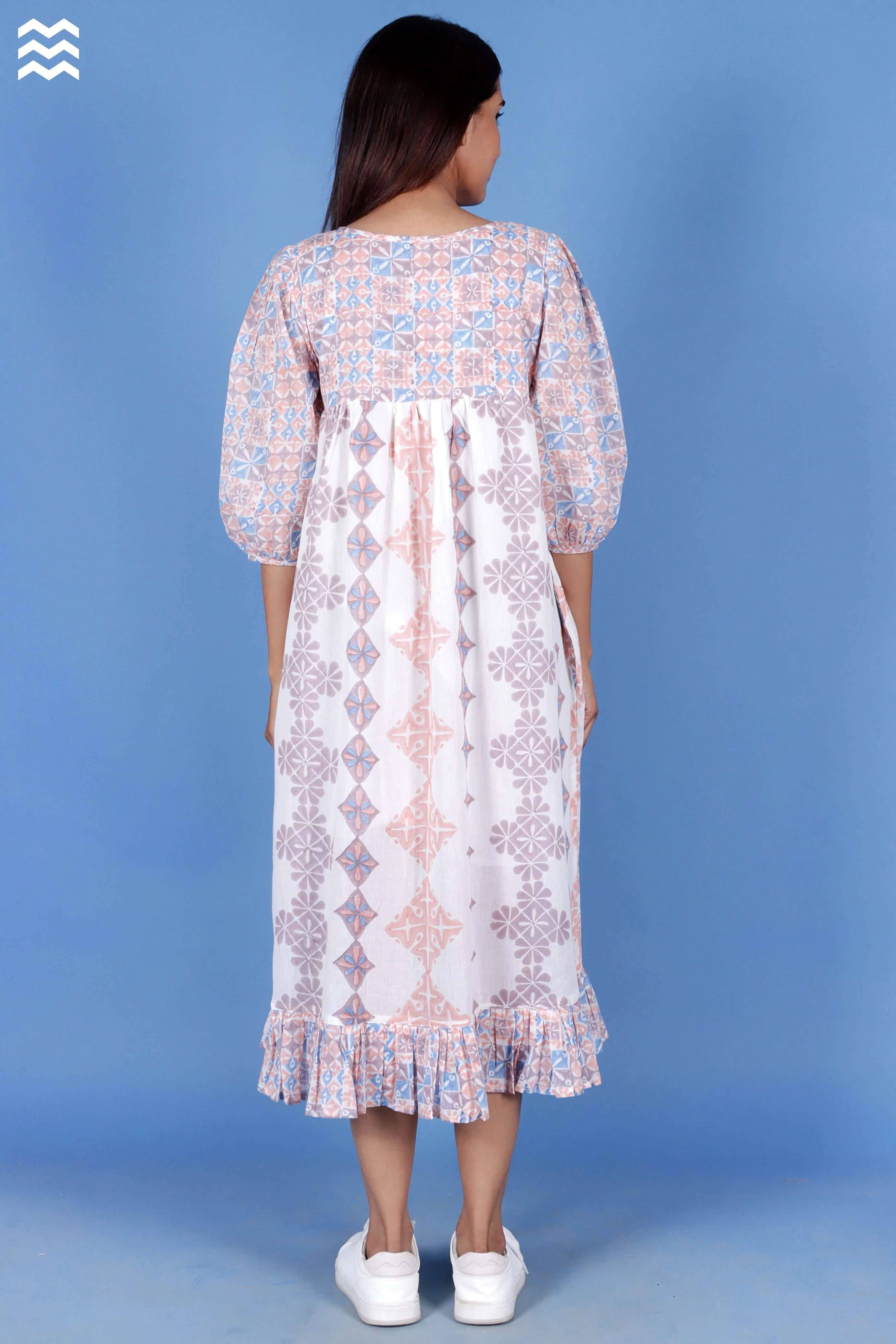 Mulmul Cotton Prairie Dress In Blue Floral Block Print