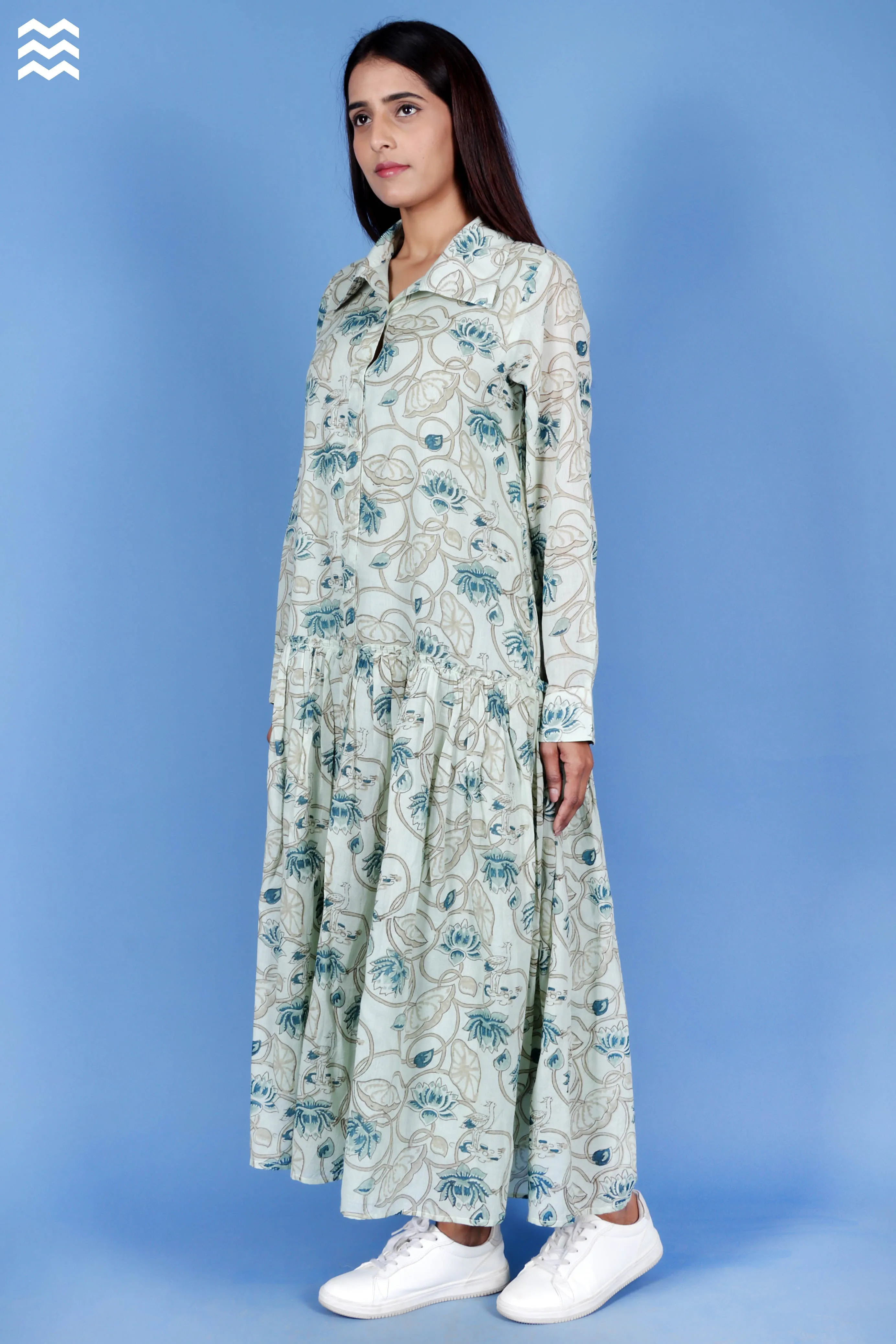 Mulmul Cotton Shirt Dress In Floral Block Print