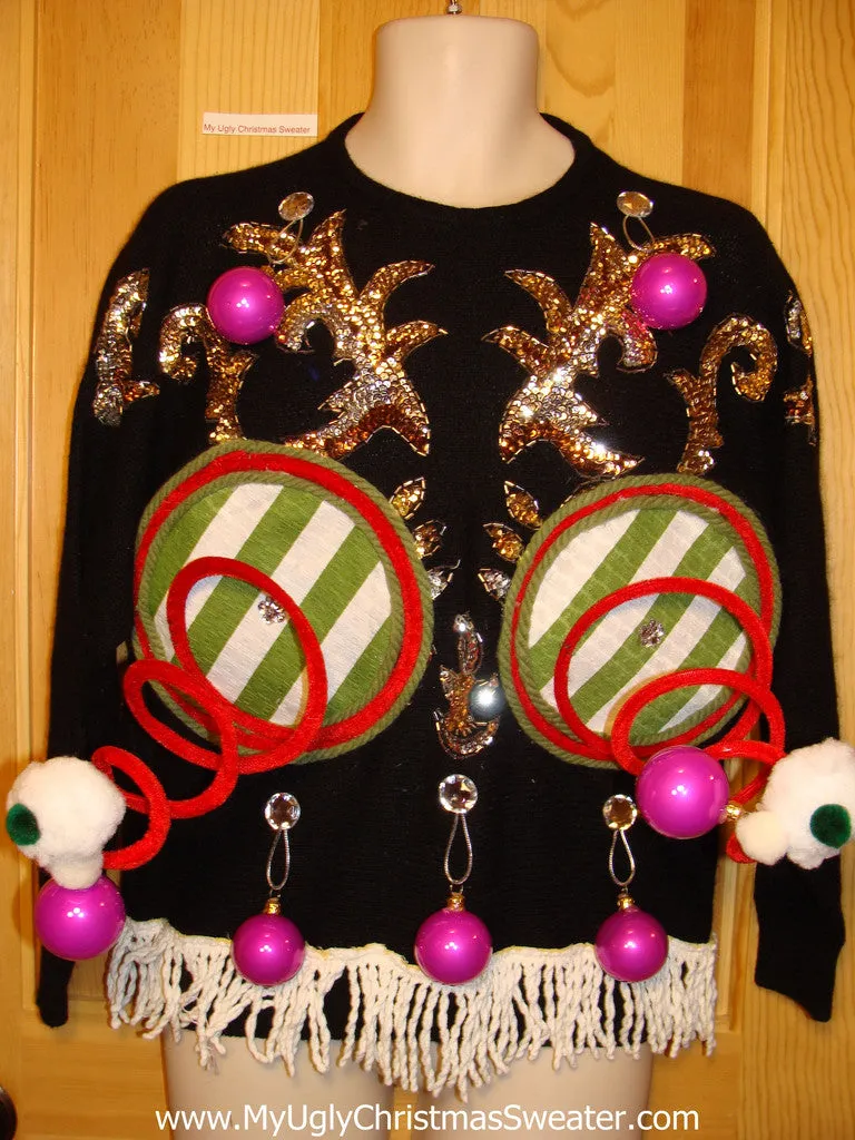 Naughty Tacky 3D Ugly Christmas Sweater Springy Funny 80s Bat-Arms Fringe (r2)