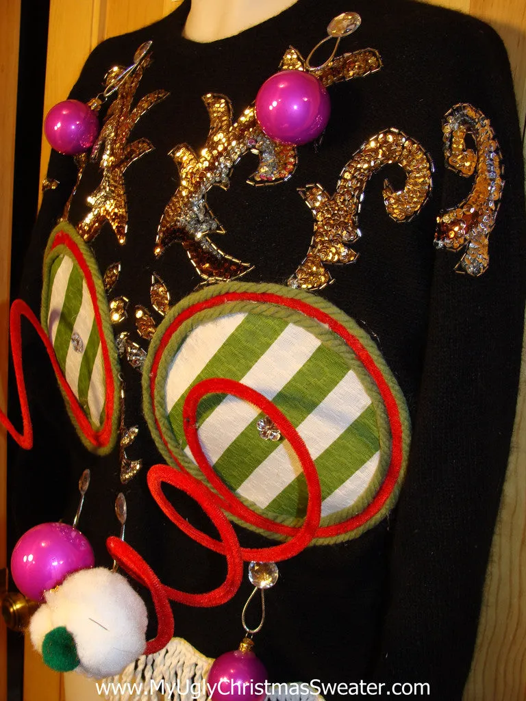 Naughty Tacky 3D Ugly Christmas Sweater Springy Funny 80s Bat-Arms Fringe (r2)