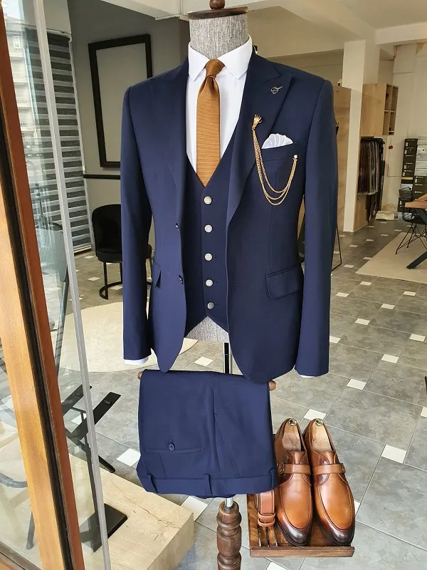 Navy Blue Slim Fit Cotton Suit for Men by GentWith | Worldwide Shipping