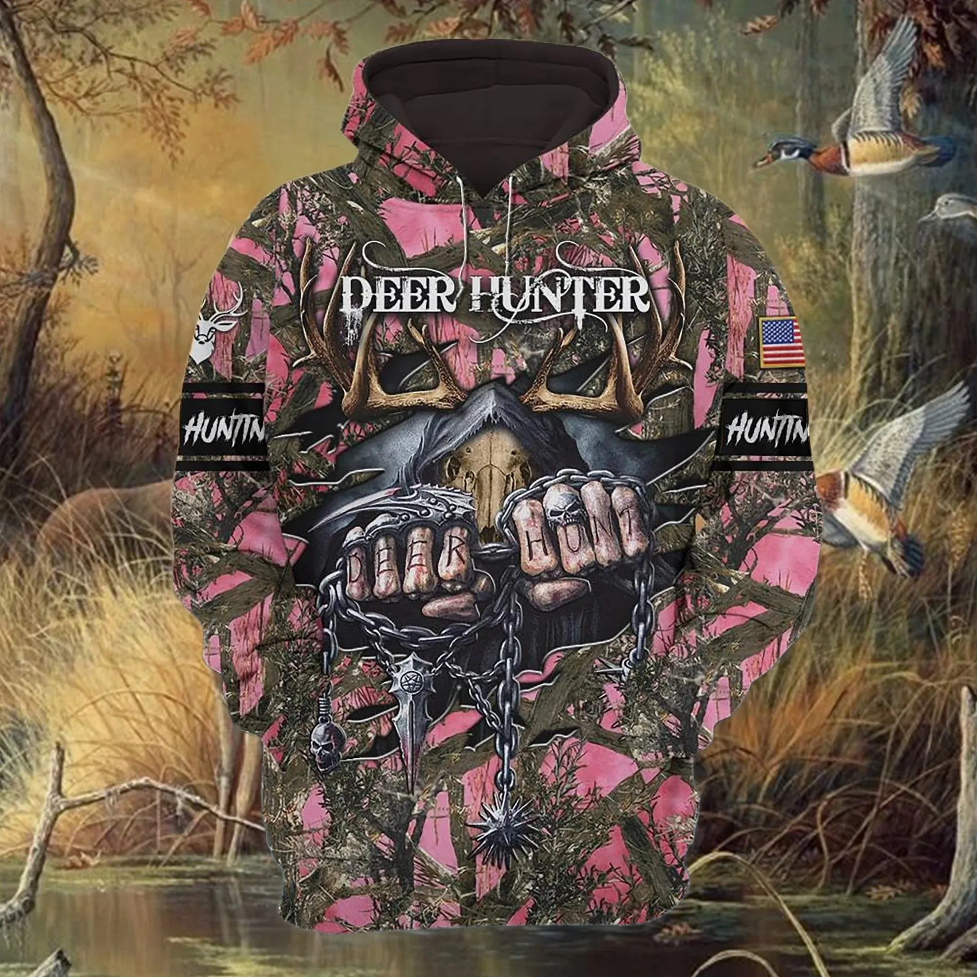 Personalized Special Deer Hunter Hoodie 3D Full Print Deer Hunt Hoodie Skull Pattern Best Gift For Hunter