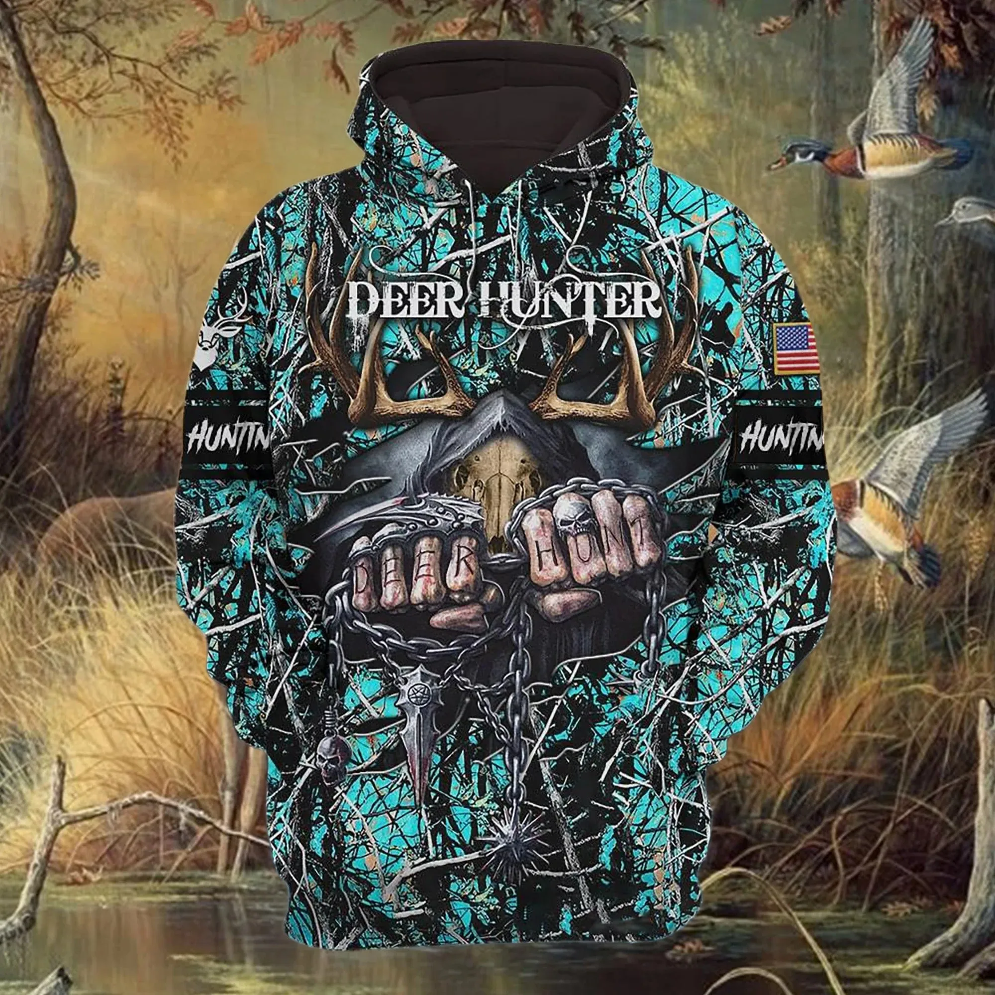 Personalized Special Deer Hunter Hoodie 3D Full Print Deer Hunt Hoodie Skull Pattern Best Gift For Hunter