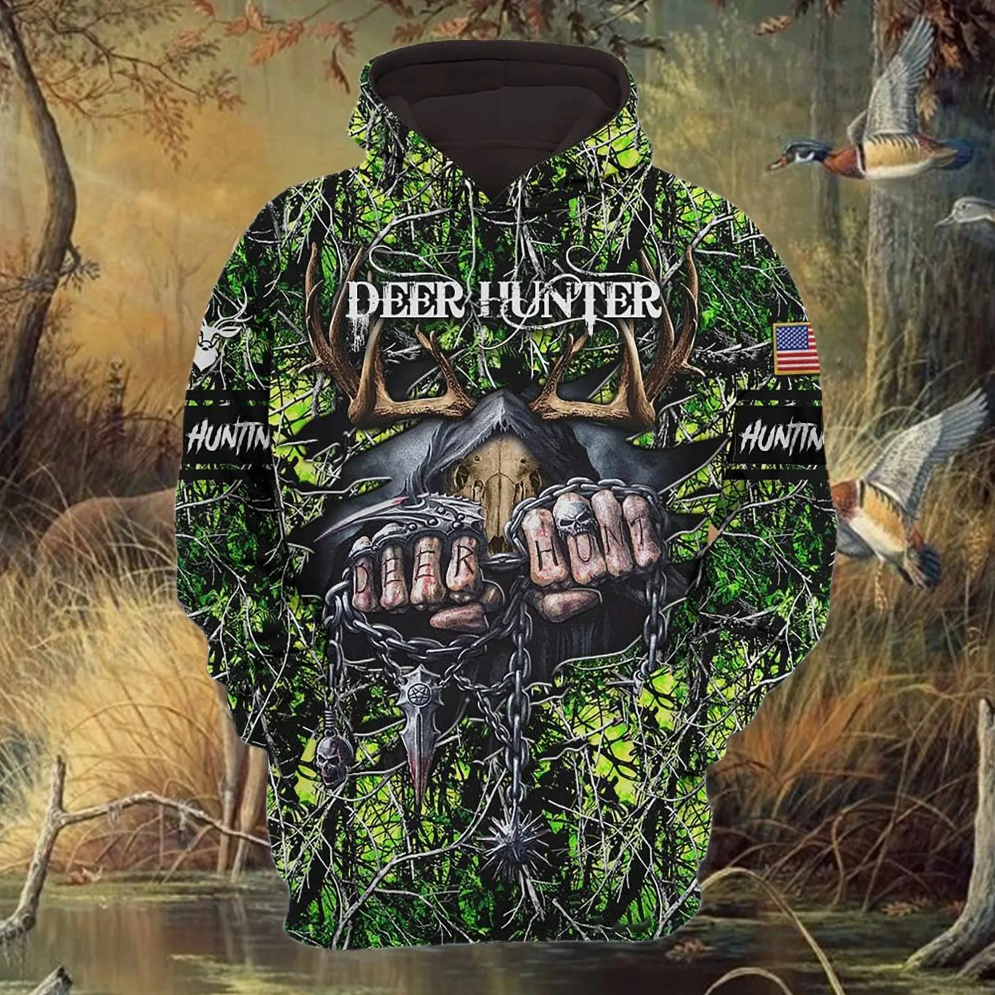 Personalized Special Deer Hunter Hoodie 3D Full Print Deer Hunt Hoodie Skull Pattern Best Gift For Hunter