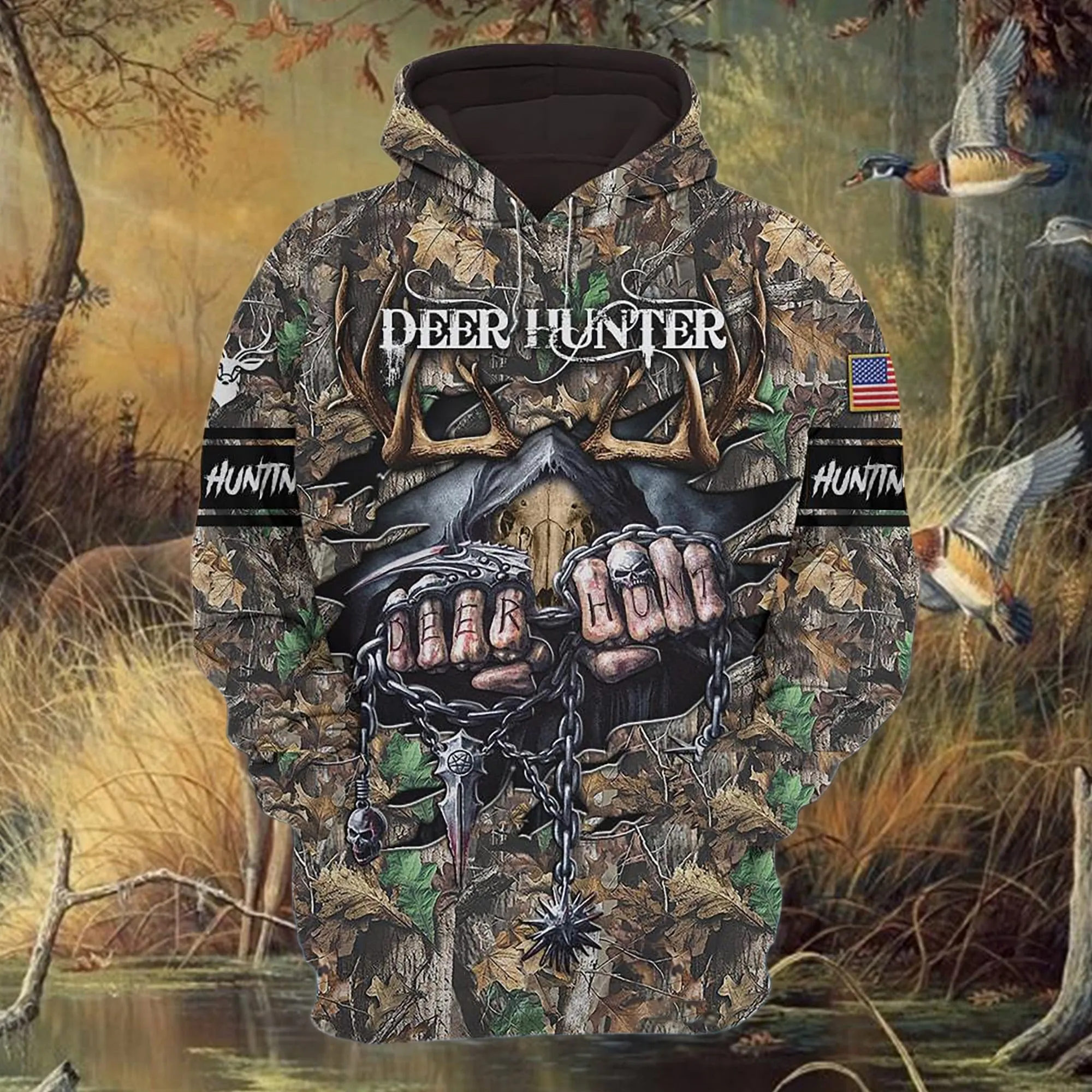 Personalized Special Deer Hunter Hoodie 3D Full Print Deer Hunt Hoodie Skull Pattern Best Gift For Hunter