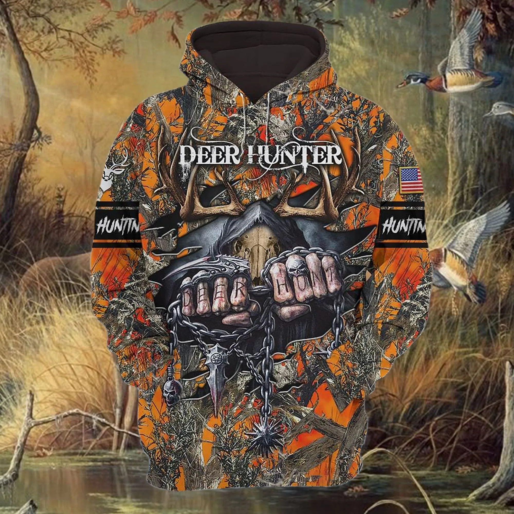 Personalized Special Deer Hunter Hoodie 3D Full Print Deer Hunt Hoodie Skull Pattern Best Gift For Hunter