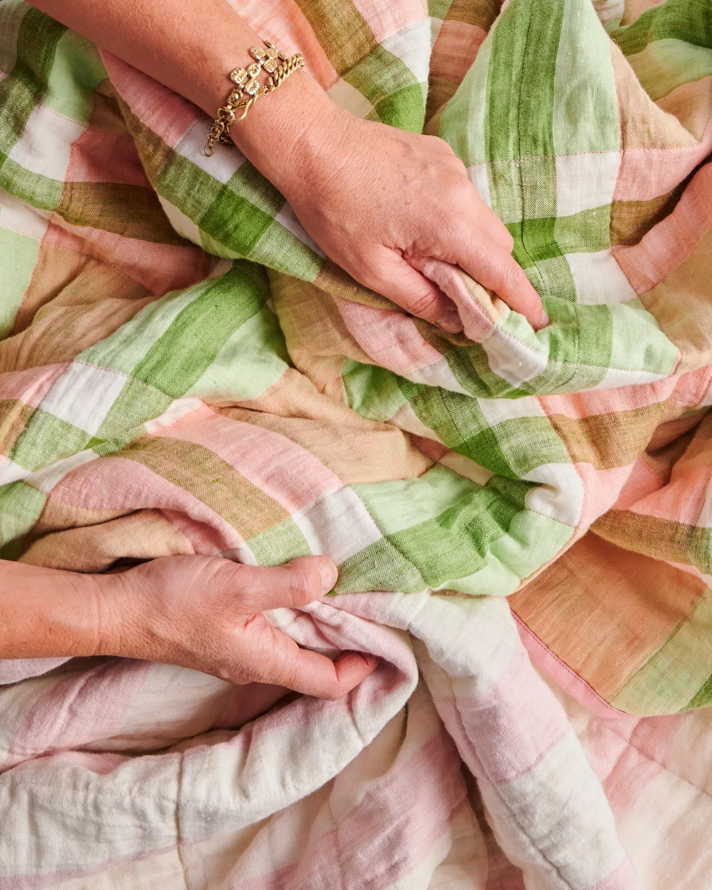 Pistachio Tartan Reversible Linen Quilted Bedspread - Kip & Co.