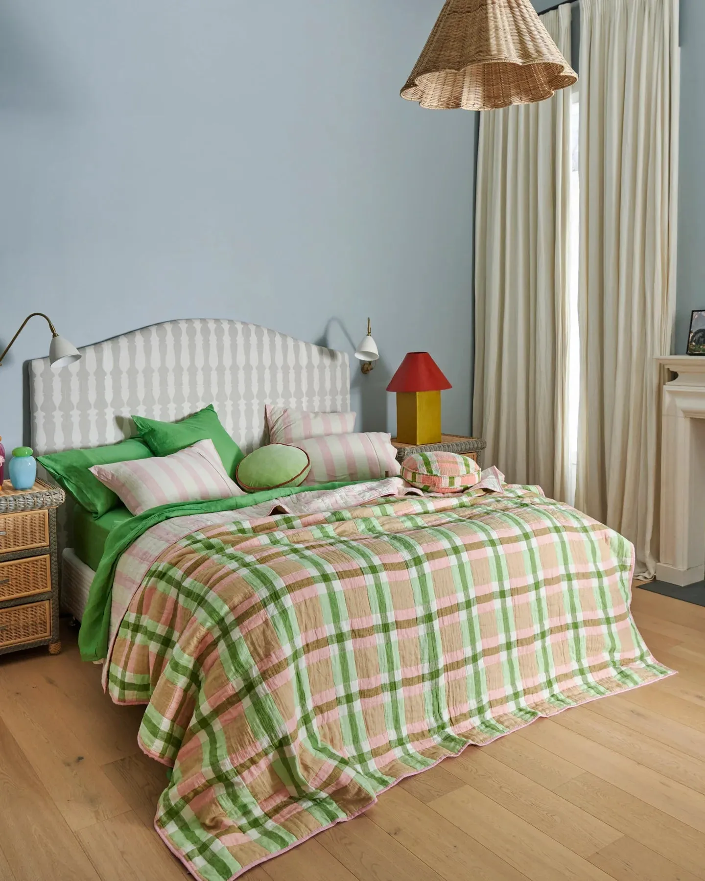 Pistachio Tartan Reversible Linen Quilted Bedspread - Kip & Co.