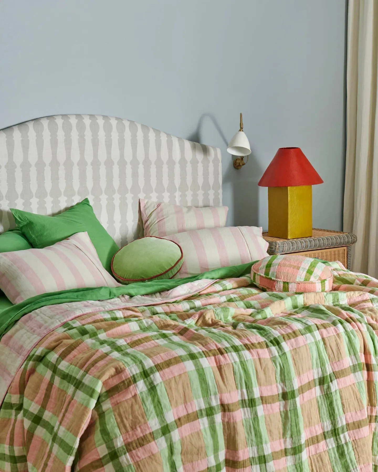 Pistachio Tartan Reversible Linen Quilted Bedspread - Kip & Co.