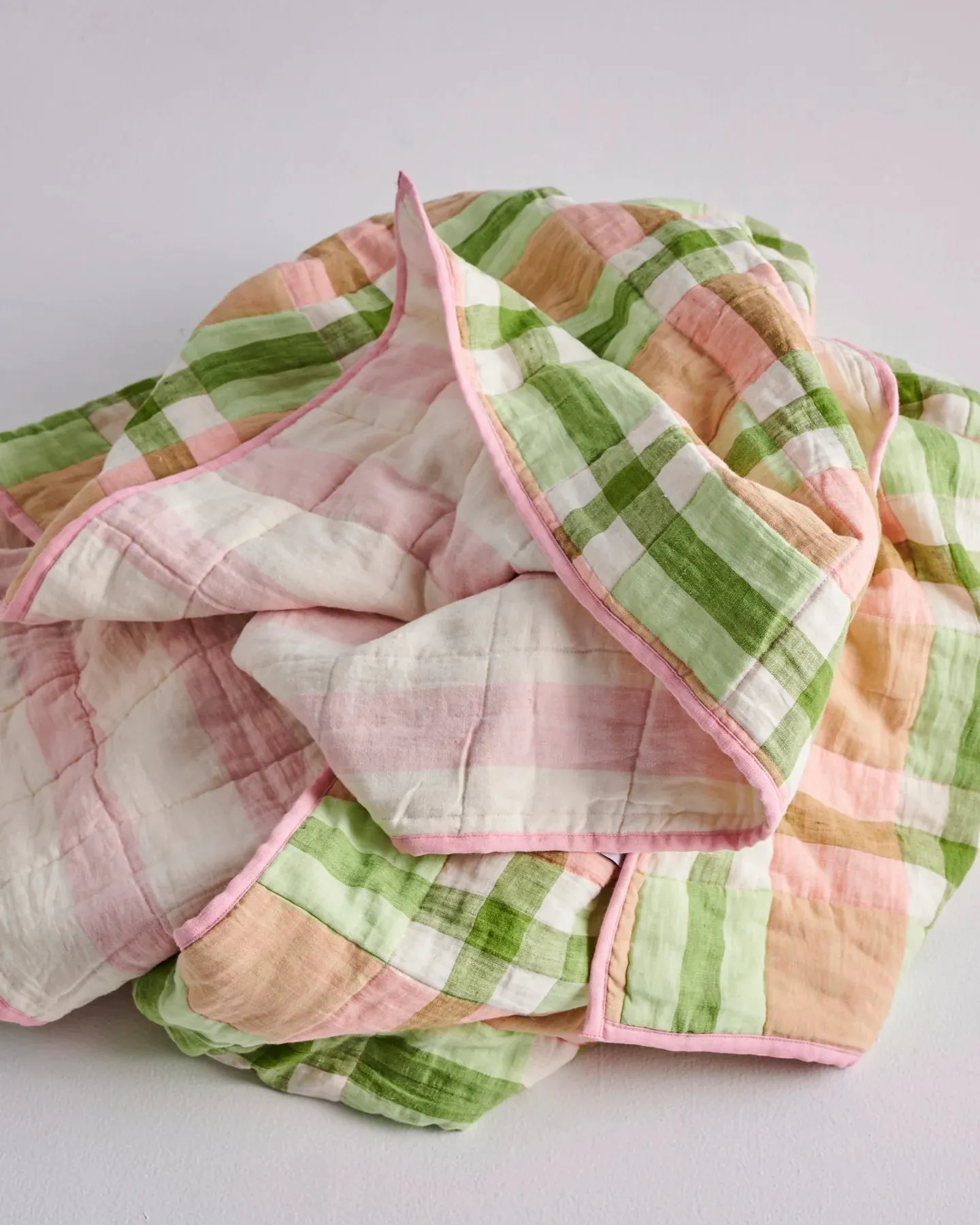 Pistachio Tartan Reversible Linen Quilted Bedspread - Kip & Co.