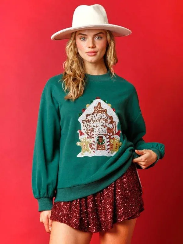 Sassy Christmas Sequins Gingerbread House Sweatshirt