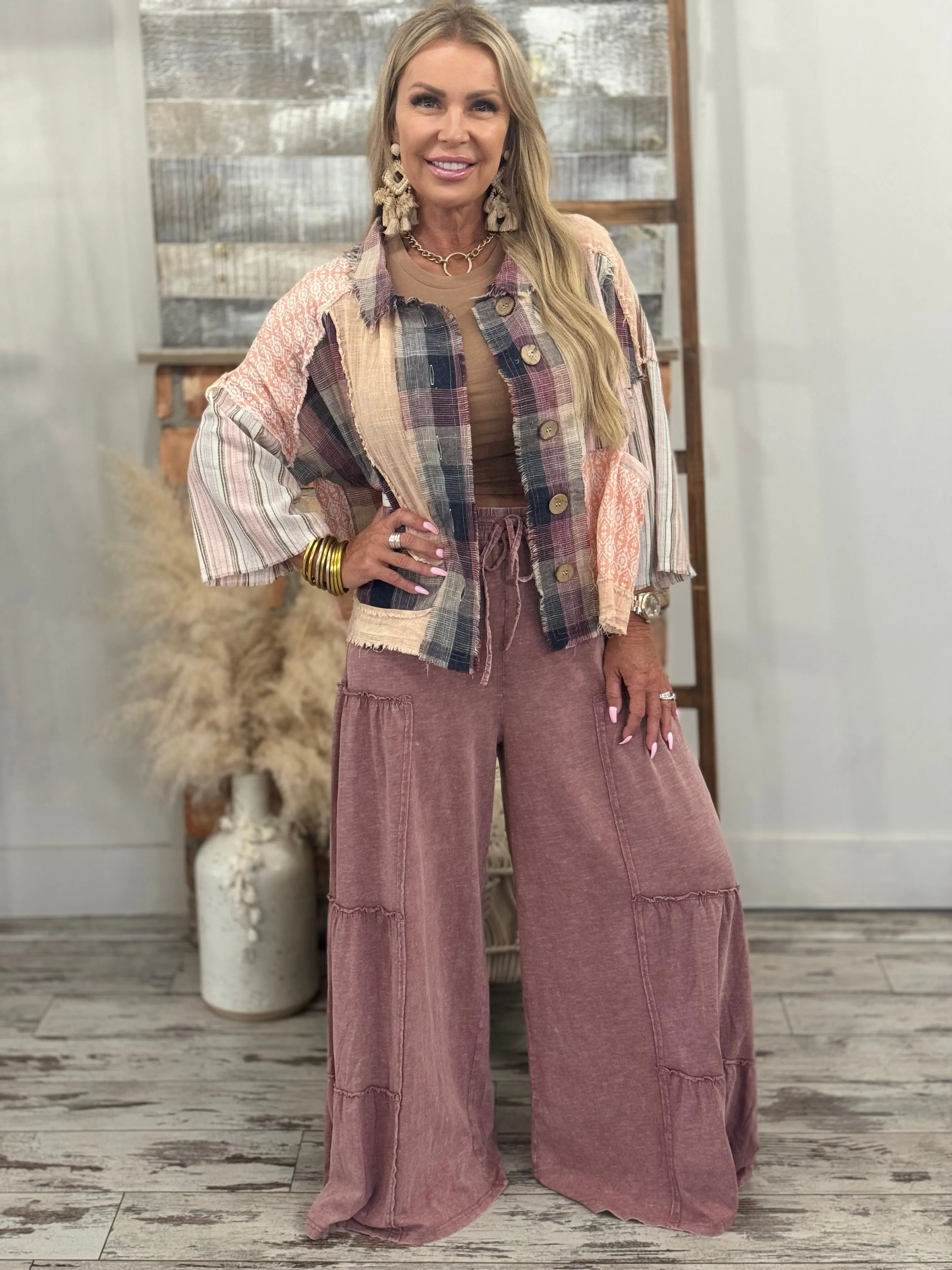 Tiered Washed Wide Leg Pants in Mauve