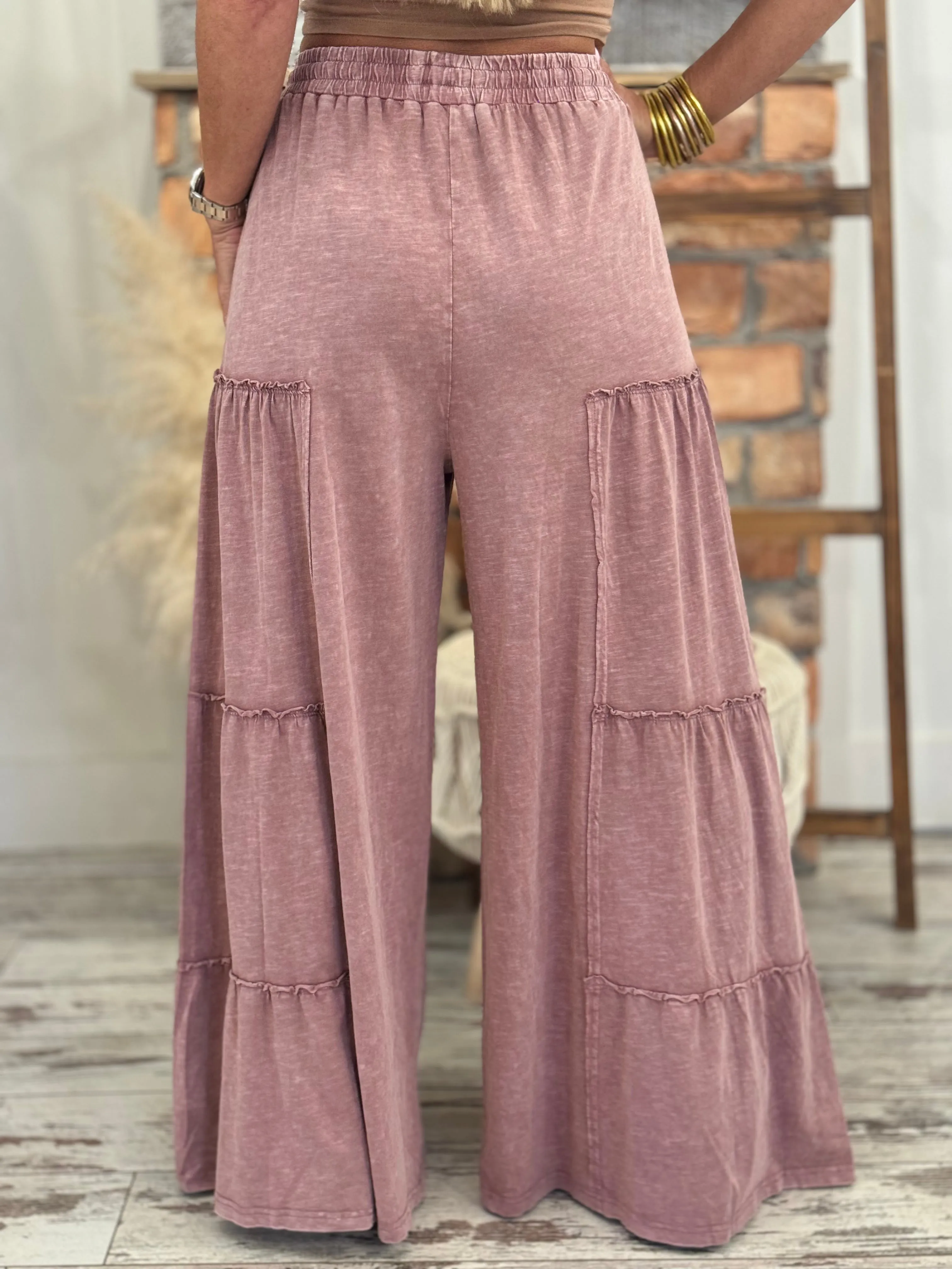 Tiered Washed Wide Leg Pants in Mauve