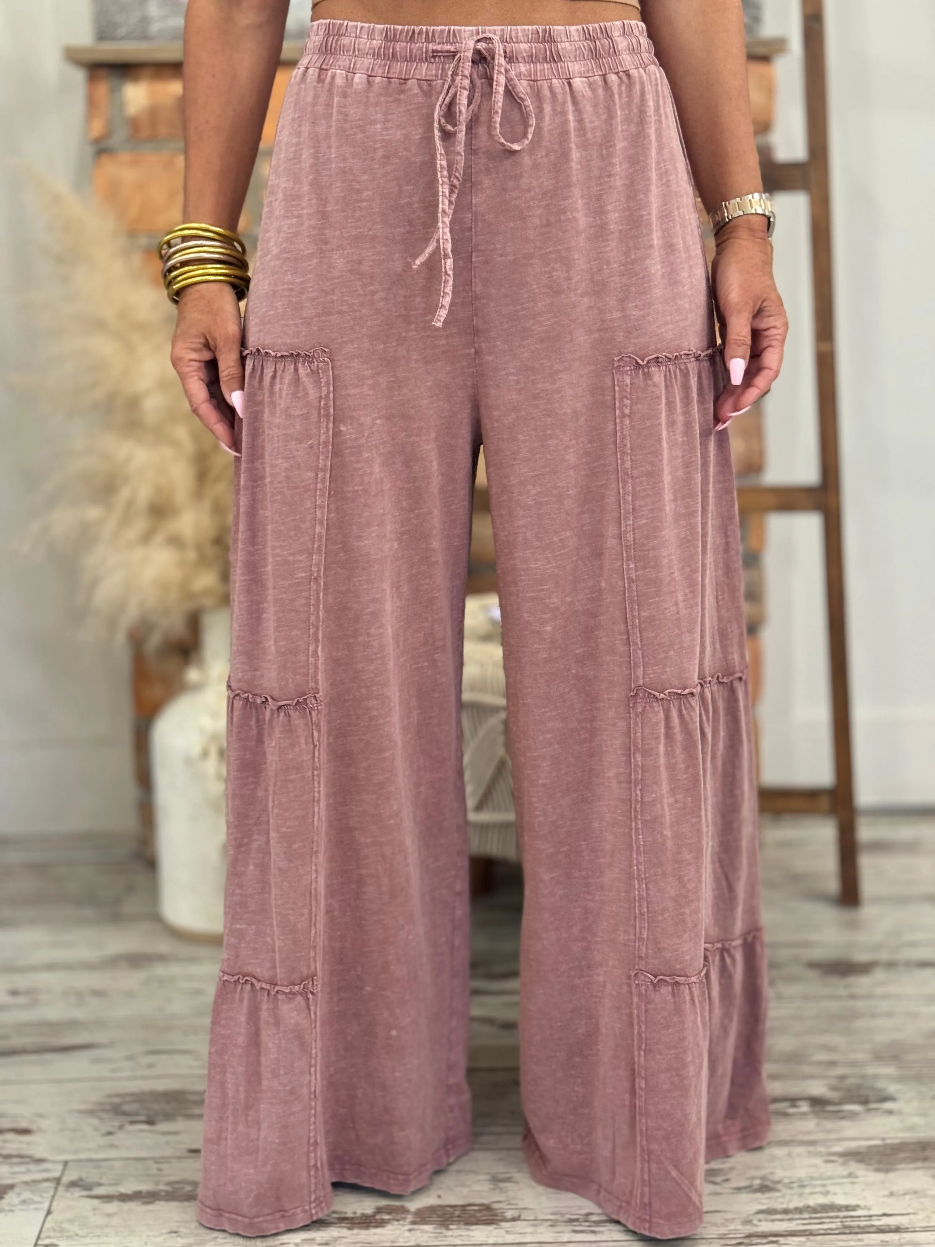 Tiered Washed Wide Leg Pants in Mauve