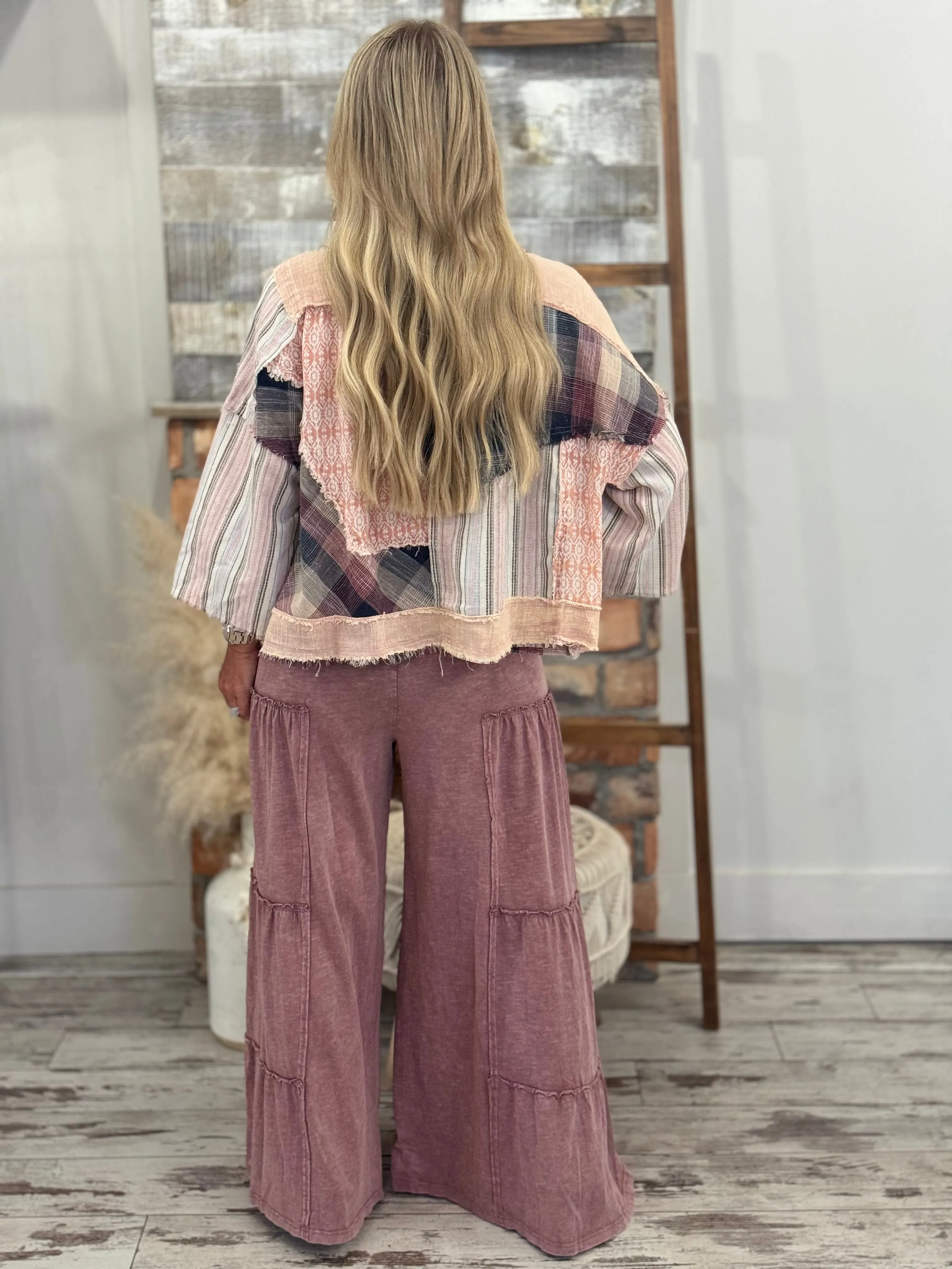 Tiered Washed Wide Leg Pants in Mauve
