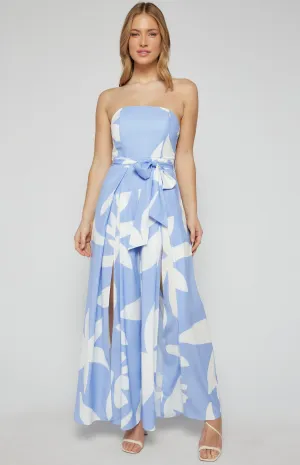 Two Tone Floral Strapless Split Leg Jumpsuit