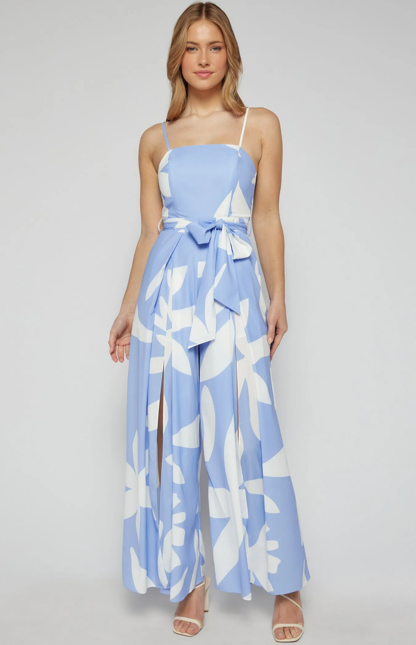 Two Tone Floral Strapless Split Leg Jumpsuit