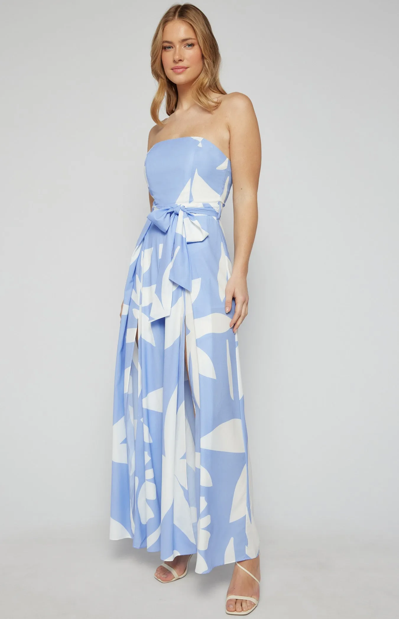 Two Tone Floral Strapless Split Leg Jumpsuit