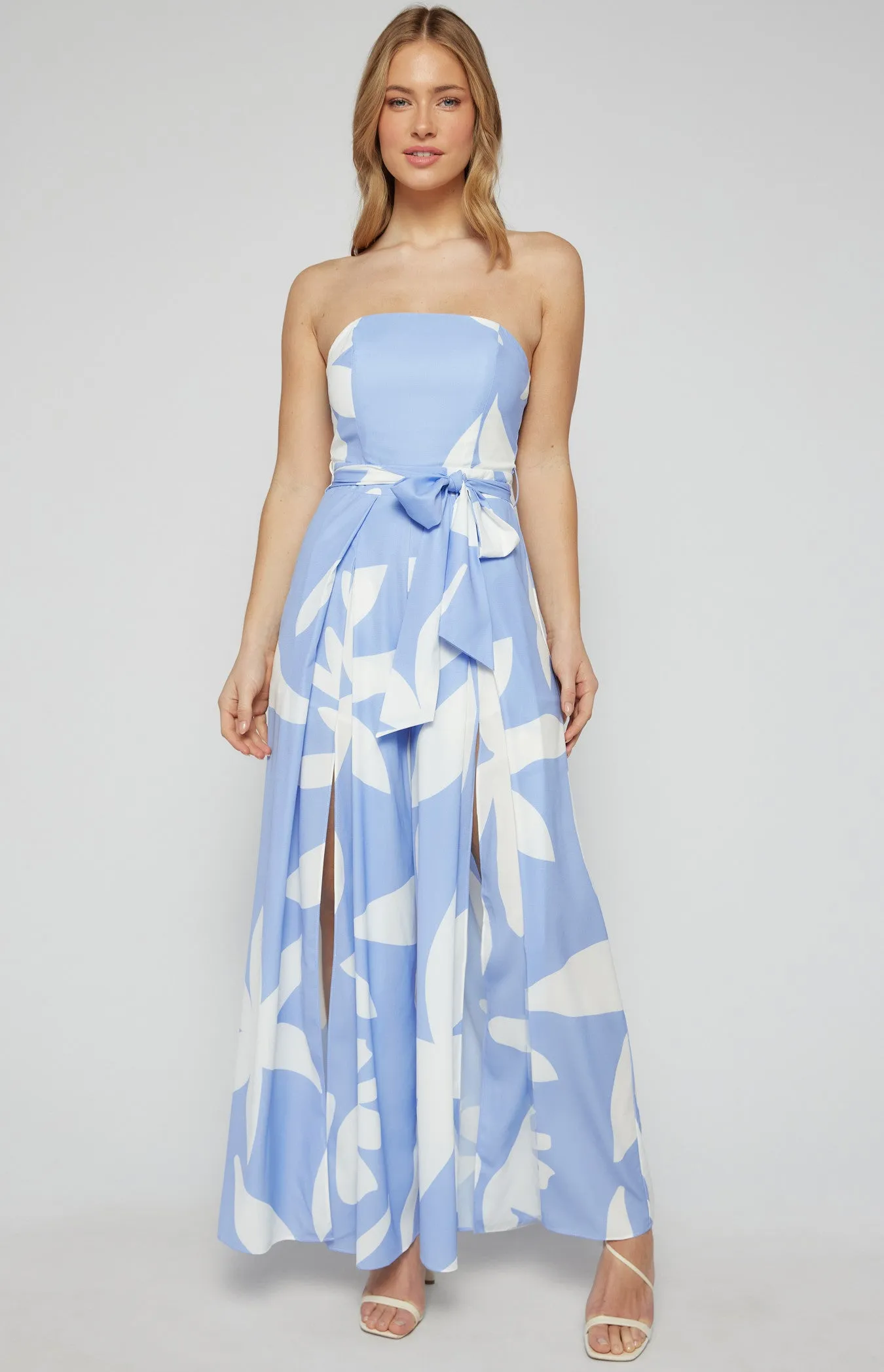 Two Tone Floral Strapless Split Leg Jumpsuit