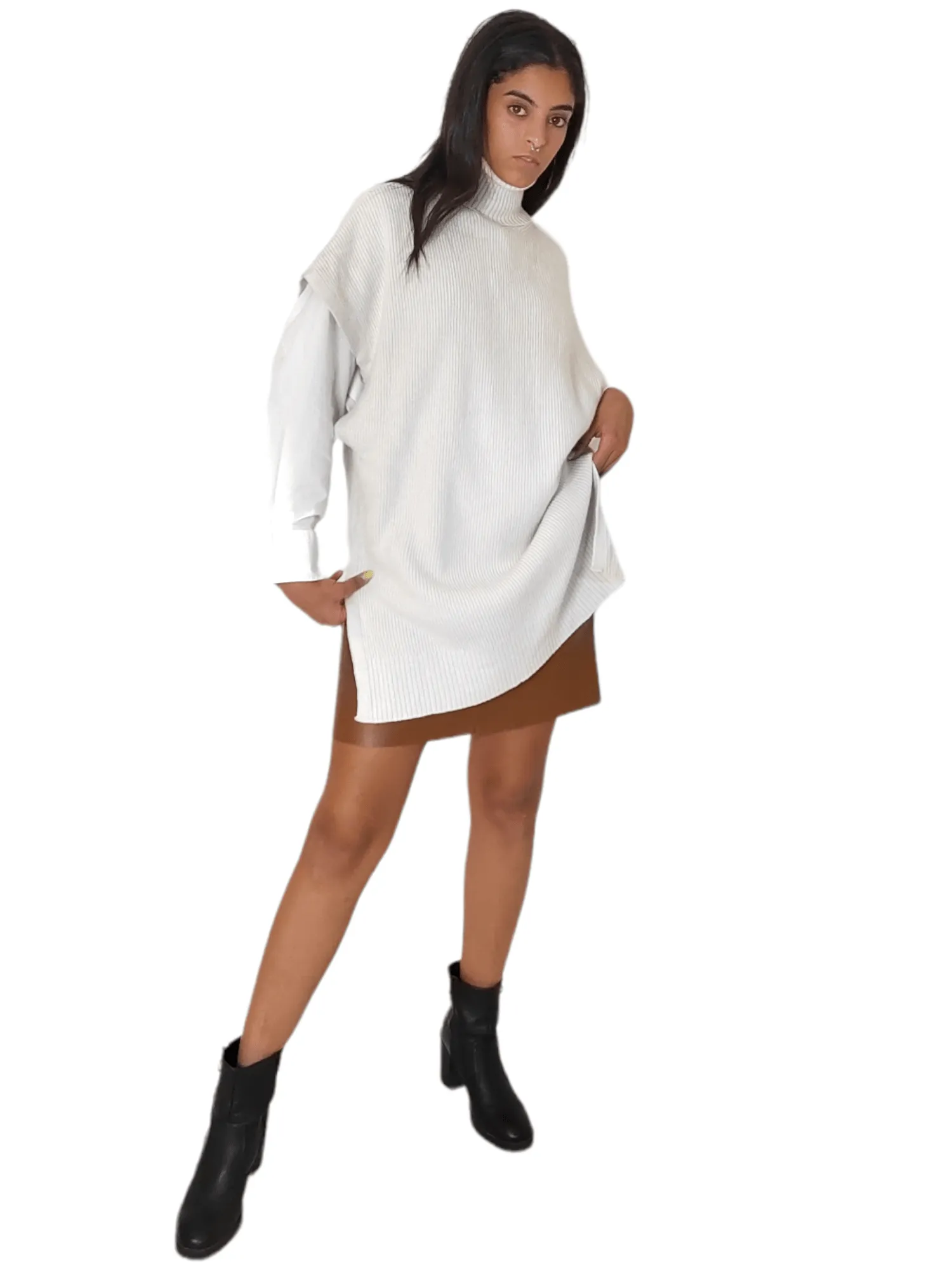 Women "LONG" High Collar Pullover - Light Beige