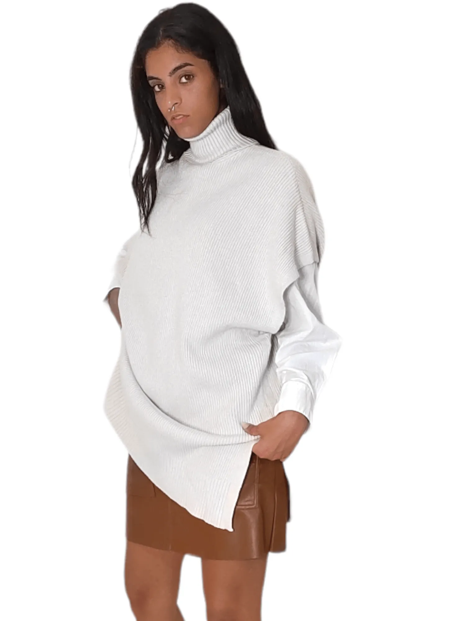 Women "LONG" High Collar Pullover - Light Beige