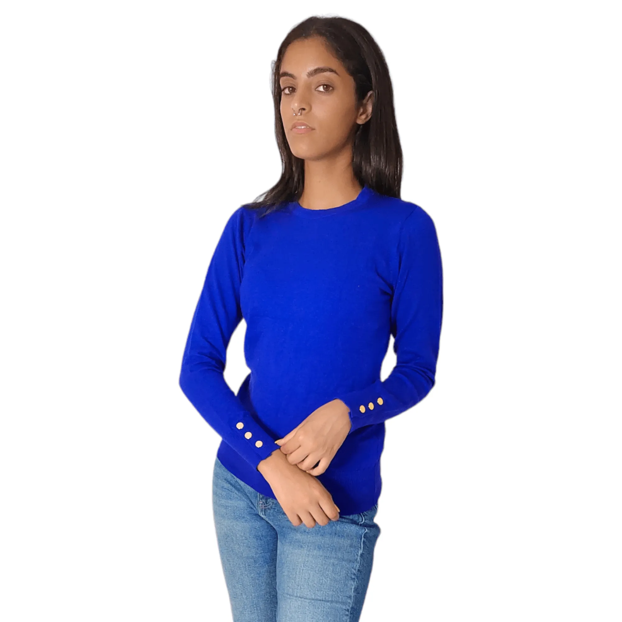 Women Round-Collar Pullover (buttons on sleeve) - Blue